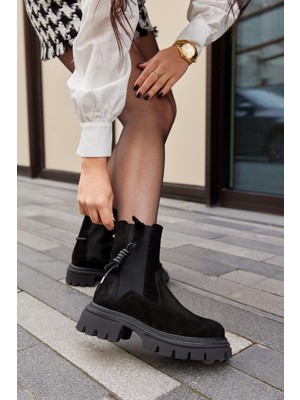 Jolly Siyah Süet Hakiki Deri Kalın Tabanlı Kadın Bot