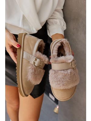 Suffle Bej Hakiki Deri Kürklü Kadın Bot