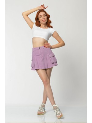 Whatsup Kargo Cepli Denim Mini Etek  - Lila Lila - 30