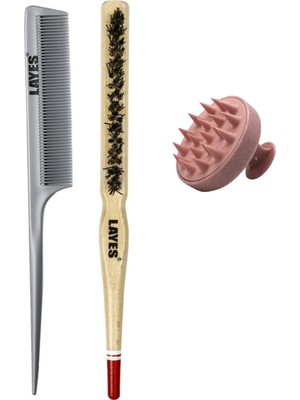 Layes Profesyonel Topuz Fırçası + Gri Dişsiz Krepe Tarak + Pembe Duş Tarağı