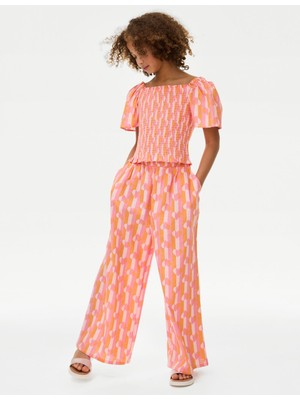 Marks & Spencer Saf Pamuklu Kısa Kollu Desenli Bluz (6-16 Yaş)