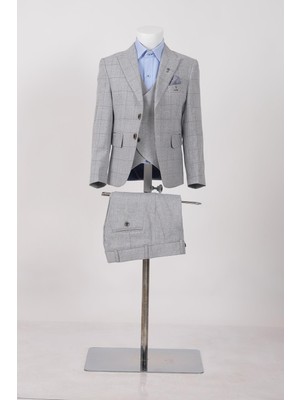 Doctor Junior Kareli Erkek Çocuk Takım Elbise Slim Fit Üç Parça Poliviskon Kumaş Modeli