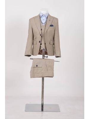 Doctor Junior Slim Fit Erkek Çocuk Takım Elbise Bej Renk Üç Parça Poliviskon Kumaş