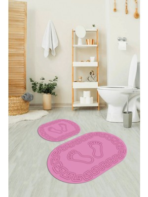 Napoli Home Dijital Baskılı Kaymaz Yıkanabilir Ayak Desen Oval Banyo Takımı Klozet Takımı, N-O-Klozet-18-Pembe,