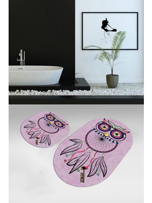 Napoli Home Dijital Kaymaz Yıkanabilir Baykuş Desen Oval Banyo Takımı Klozet Takımı, N-O-Klozet-35-Pembe,