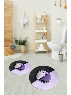 Napoli Home 3D Dijital Baskılı Kaymaz Taban Yıkanabilir Yuvarlak Ikili Banyo Takımı, N-Y-Klozet-17-Mor,