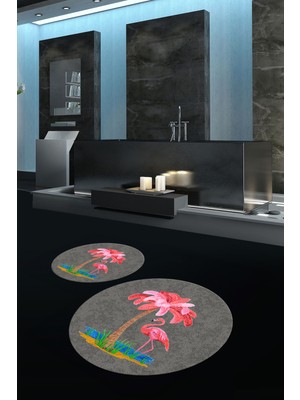 Napoli Home Dijital Baskılı Kaymaz Taban Yıkanabilir Yuvarlak Ikili Banyo Takımı, N-Y-Klozet-30-Gri,