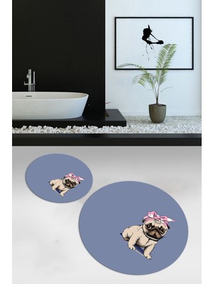 Napoli Home Dijital Baskılı Kaymaz Yıkanabilir Köpek Desen Yuvarlak Ikili Banyo Takımı, N-Y-Klozet-38-Mavi,