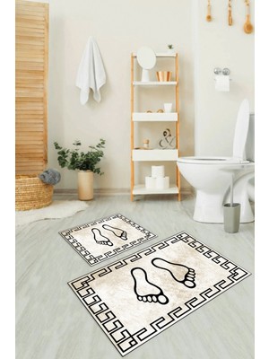 Napoli Home Dijital Baskılı Kaymaz Yıkanabilir Ayak Desen Ikili Banyo Takımı Klozet Takımı, N-Klozet-19-Kahve,