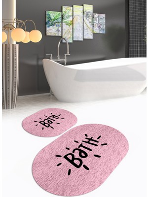 Napoli Home Dijital Baskılı Kaymaz Yıkanabilir Bath Oval Banyo Takımı Klozet Takımı, N-O-Klozet-09-Pembe,