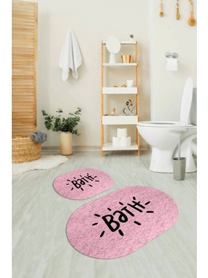 Napoli Home Dijital Baskılı Kaymaz Yıkanabilir Bath Oval Banyo Takımı Klozet Takımı, N-O-Klozet-09-Pembe,