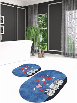 Napoli Home Dijital Kaymaz Yıkanabilir Kedi Desen Oval Banyo Takımı Klozet Takımı, N-O-Klozet-42-Mavi,