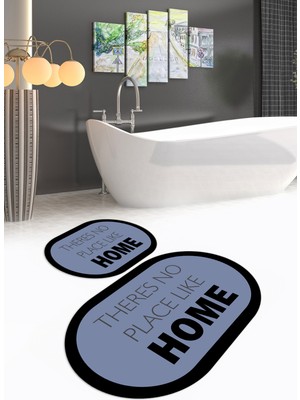 Napoli Home Dijital Baskılı Kaymaz Yıkanabilir Home Oval Banyo Takımı Klozet Takımı, N-O-Klozet-13-Mavi,