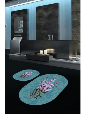 Napoli Home Dijital Baskılı Kaymaz Taban Yıkanabilir Oval Banyo Takımı Klozet Takımı, N-O-Klozet-29-Mavi,