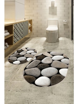 Napoli Home 3D Dijital Baskılı Kaymaz Taban Yıkanabilir Oval Banyo Takımı Klozet Takımı, N-O-Klozet-46-Kahve,