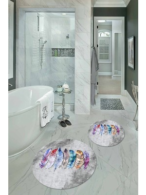 Napoli Home Dijital Baskılı Kaymaz Yıkanabilir Yaprak Yuvarlak Ikili Banyo Takımı, N-Y-Klozet-25-Gri,