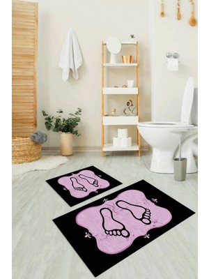 Napoli Home Dijital Baskılı Kaymaz Yıkanabilir Ayak Desen Ikili Banyo Takımı Klozet Takımı, N-Klozet-20-Pembe,