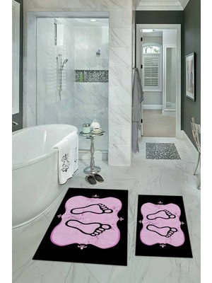 Napoli Home Dijital Baskılı Kaymaz Yıkanabilir Ayak Desen Ikili Banyo Takımı Klozet Takımı, N-Klozet-20-Pembe,