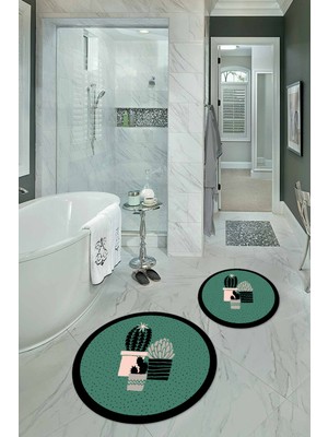 Napoli Home Dijital Baskılı Kaymaz Yıkanabilir Kaktüs Yuvarlak Ikili Banyo Takımı, N-Y-Klozet-22-Yeşil,