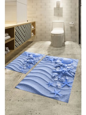 Napoli Home 3D Dijital Baskılı Kaymaz Taban Yıkanabilir Ikili Banyo Takımı Klozet Takımı, N-Klozet-48-Mavi,