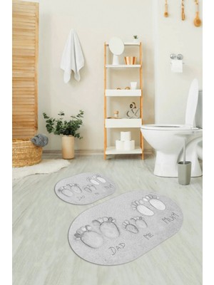 Napoli Home 3D Dijital Baskılı Kaymaz Taban Yıkanabilir Oval Banyo Takımı Klozet Takımı, N-O-Klozet-16-Gri,