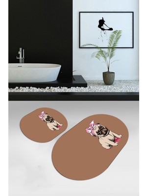 Napoli Home Dijital Baskılı Kaymaz Yıkanabilir Köpek Desen Oval Banyo Takımı Klozet Takımı, N-O-Klozet-38-Kahve,