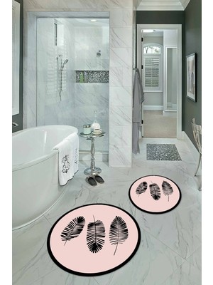 Napoli Home Dijital Baskılı Kaymaz Yıkanabilir Yaprak Yuvarlak Ikili Banyo Takımı, N-Y-Klozet-26-Pembe,