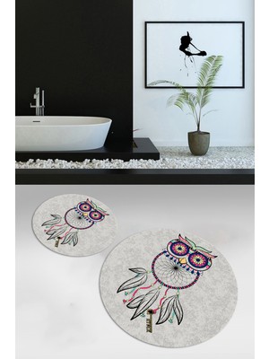 Napoli Home Dijital Baskılı Kaymaz Yıkanabilir Baykuş Desen Yuvarlak Ikili Banyo Takımı, N-Y-Klozet-35-Gri,