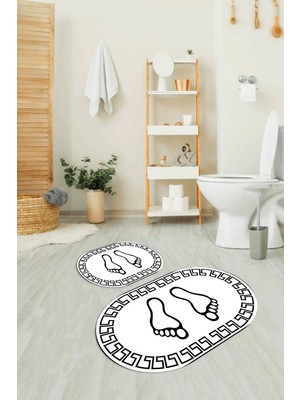 Napoli Home Dijital Baskılı Kaymaz Yıkanabilir Ayak Desen Oval Banyo Takımı Klozet Takımı, N-O-Klozet-19-Beyaz,