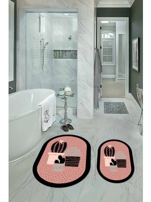Napoli Home Dijital Baskılı Kaymaz Yıkanabilir Kaktüs Oval Banyo Takımı Klozet Takımı, N-O-Klozet-22-Pembe,