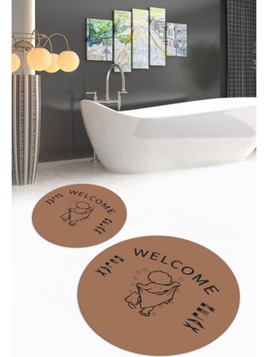 Napoli Home Dijital Baskılı Kaymaz Yıkanabilir Welcome Yuvarlak Ikili Banyo Takımı, N-Y-Klozet-11-Kahve,