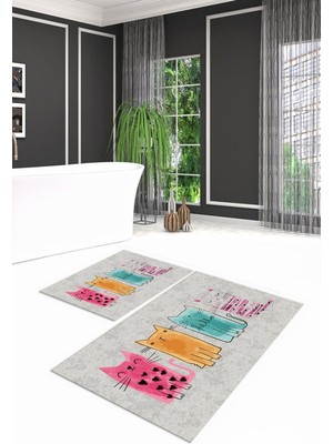 Napoli Home Dijital Baskılı Kaymaz Yıkanabilir Kedi Desen Ikili Banyo Takımı Klozet Takımı, N-Klozet-41-Gri,