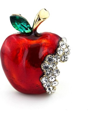 Solfera Kırmızı Elma Isırılmış Apple Pamuk Prenses Zirkon Taşlı Broş RZ172