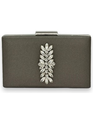 Biçanta Antrasit Gri Platin Renk Çizilmeyen Saten Gümüş Taşlı Abiye Çanta Düğün Nişan Çantası