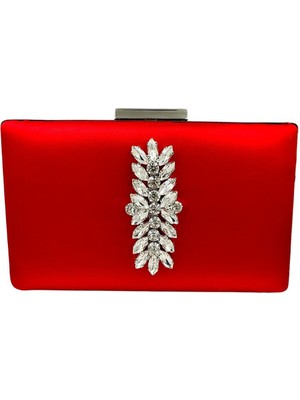 Biçanta Kırmızı Renk Saten Gümüş Kasalı Gümüş Taşlı Abiye Çanta Gece Çantası Düğün Nişan Portföy