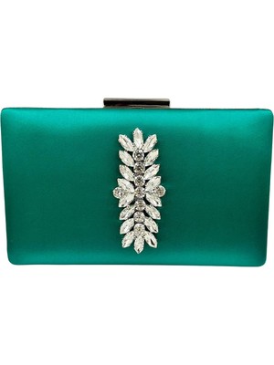 Biçanta Yeşil Renk Saten Gümüş Kasalı Gümüş Taşlı Abiye Çanta Gece Çantası Düğün Nişan Portföy