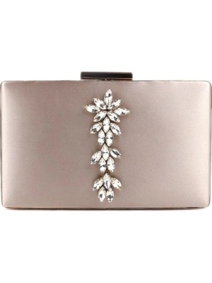 Biçanta Ten Nude Rengi Gümüş Kasalı Gümüş Taşlı Saten Abiye Çanta Gece Çantası Nişan Düğün Çantası