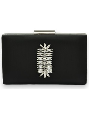 Biçanta Siyah Renk Çizilmeyen Saten Gümüş Taşlı Abiye Çanta Düğün Nişan Çantası