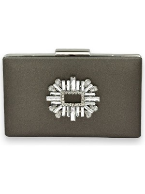 Biçanta Antrasit Gri Platin Renk Çizilmeyen Saten Gümüş Taşlı Abiye Çanta Düğün Nişan Çantası