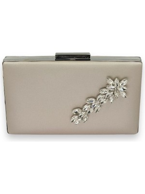 Biçanta Ten Nude Rengi Çizilmeyen Saten Gümüş Taşlı Abiye Çanta Düğün Nişan Çantası