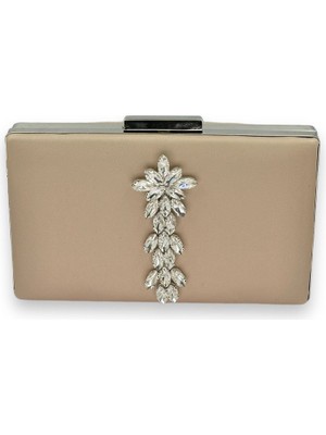 Biçanta Vizon Renk Çizilmeyen Saten Gümüş Taşlı Abiye Çanta Düğün Nişan Çantası