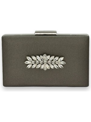 Biçanta Antrasit Gri Platin Renk Çizilmeyen Saten Gümüş Taşlı Abiye Çanta Düğün Nişan Çantası