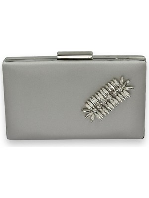 Biçanta Gümüş Gri Renk Çizilmeyen Saten Gümüş Taşlı Abiye Çanta Düğün Nişan Çantası