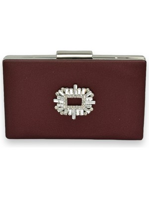 Biçanta Bordo Renk Çizilmeyen Saten Gümüş Taşlı Abiye Çanta Düğün Nişan Çantası