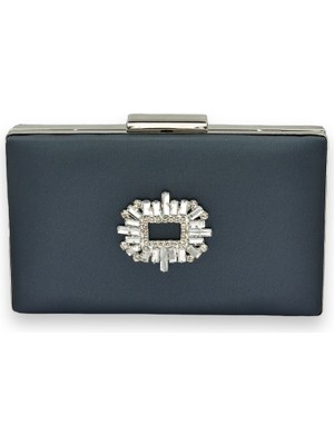 Biçanta Lacivert Renk Çizilmeyen Saten Gümüş Taşlı Abiye Çanta Düğün Nişan Çantası