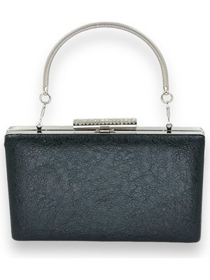 Biçanta Kristal Desenli Siyah Mat Deri Metal Saplı Abiye Çanta Gece Çantası Kına Düğün Nişan Çantası