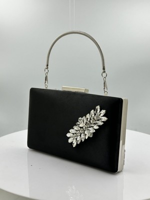 Biçanta Siyah Renk Saten Gümüş Kasalı Gümüş Taşlı Abiye Çanta Gece Çantası Düğün Nişan Portföy