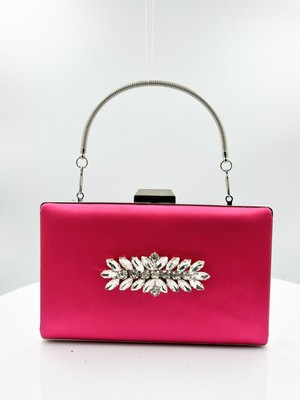 Biçanta Fuşya Renk Saten Gümüş Kasalı Gümüş Taşlı Abiye Çanta Gece Çantası Düğün Nişan Portföy