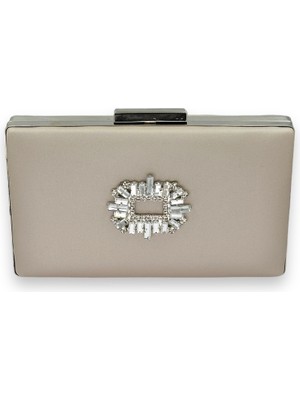 Biçanta Ten Nude Rengi Çizilmeyen Saten Gümüş Taşlı Abiye Çanta Düğün Nişan Çantası