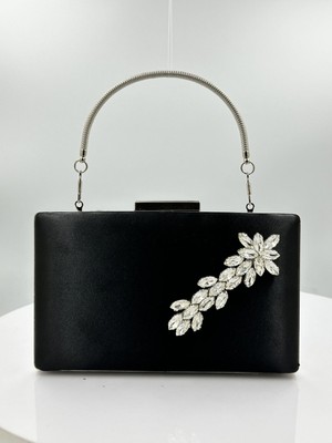 Biçanta Siyah Renk Saten Gümüş Kasalı Gümüş Taşlı Abiye Çanta Gece Çantası Düğün Nişan Portföy